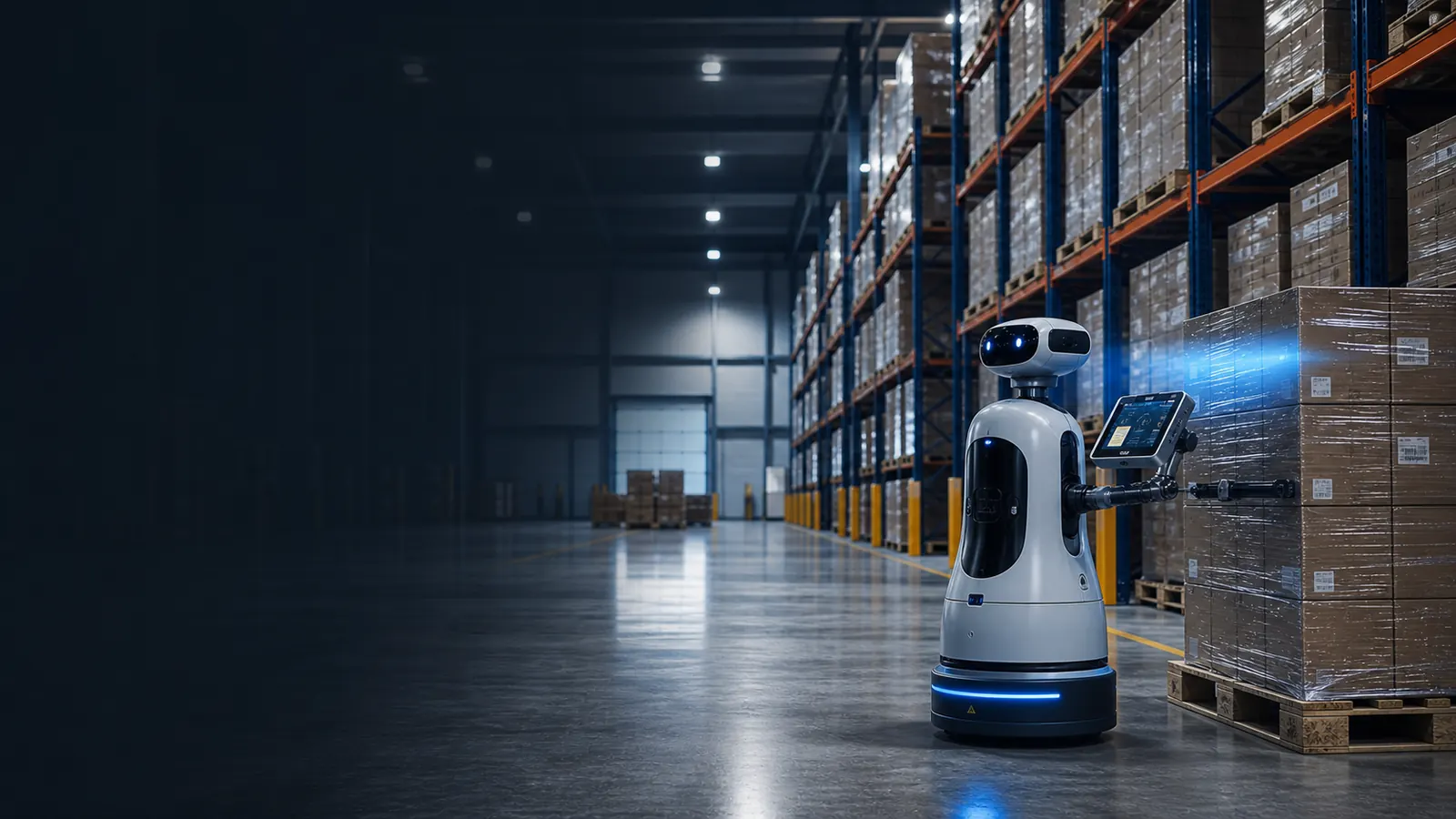 Futuristic pallet storage Manchester warehouse with responsive robot support