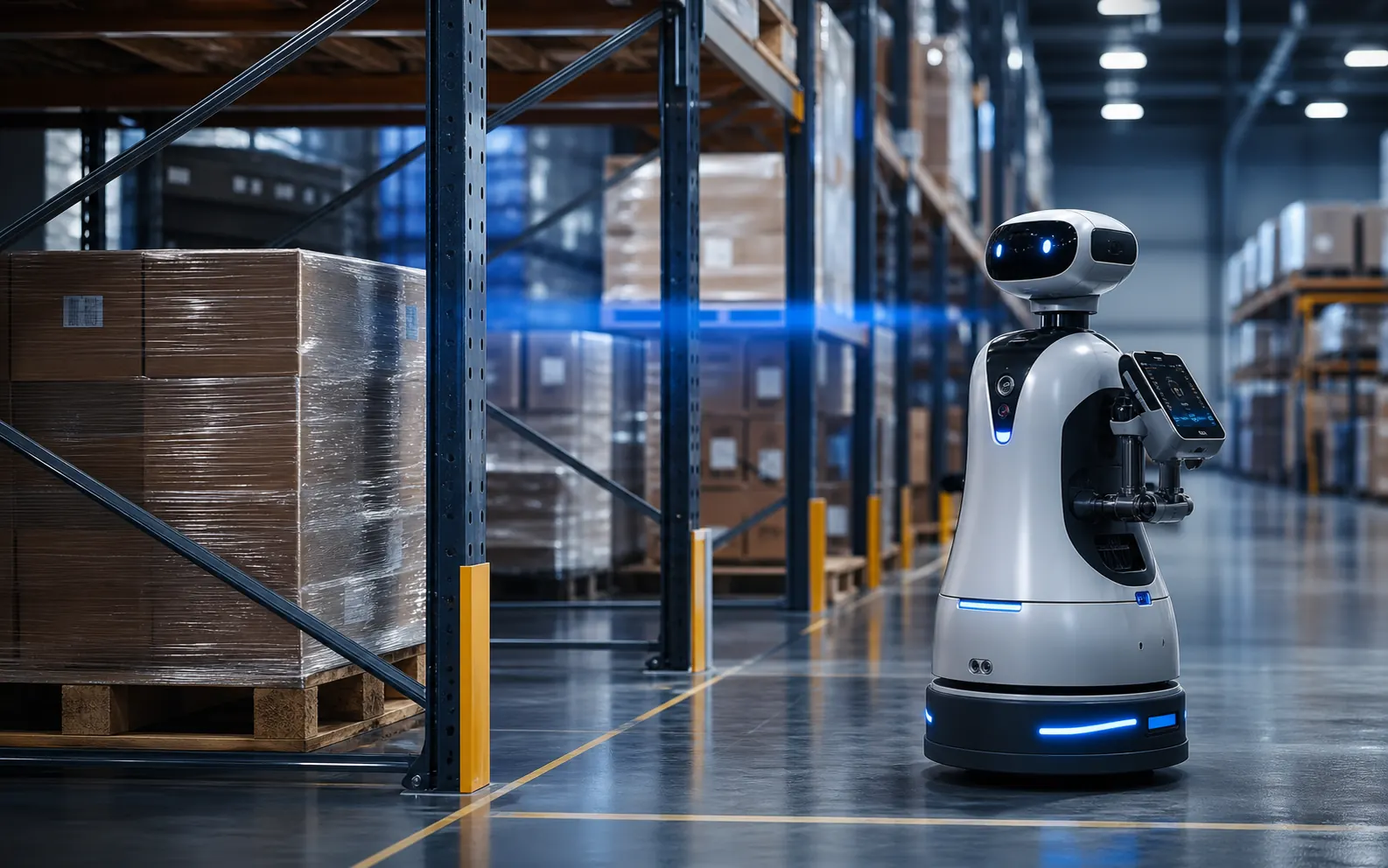 Responsive warehouse robot scanning pallet storage in a modern facility