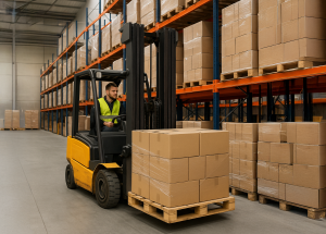 forklift transporting pallets inside MSL UK Pallet Storage warehouse in Manchester
